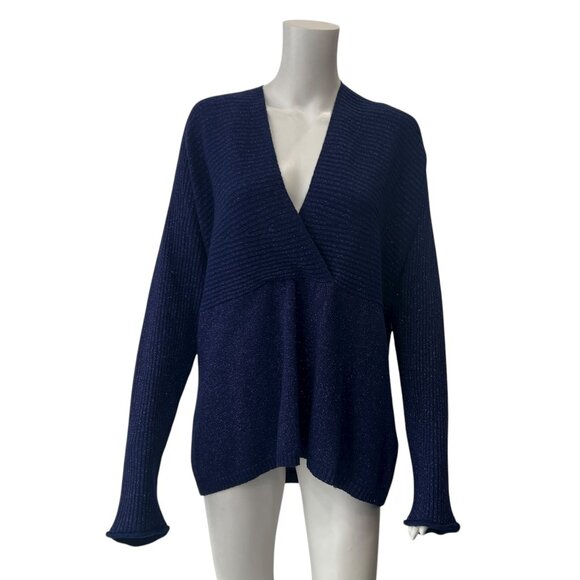 NWT Marina Rinaldi Blue Sparkle Metallic Knit Ribbed Wool Sweater sz Large/18 - Picture 1 of 7